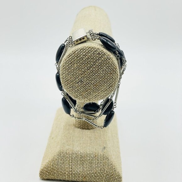 Multi Strand Silver Tone Bracelet Black Oval Cabochon Beads Statement Layered - Picture 7 of 8